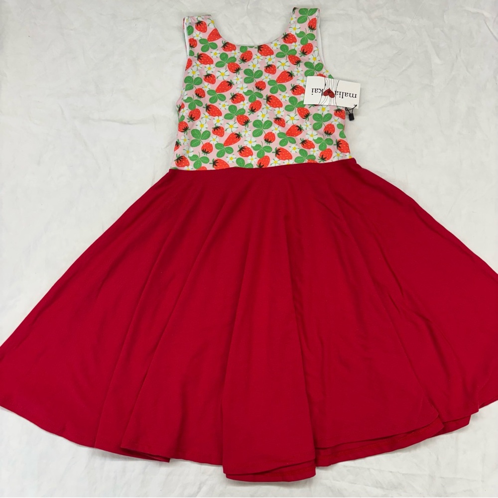 NEW Malia and Kai Strawberry Red Green Twirl‎ Sleeveless Tank Dress Size 7